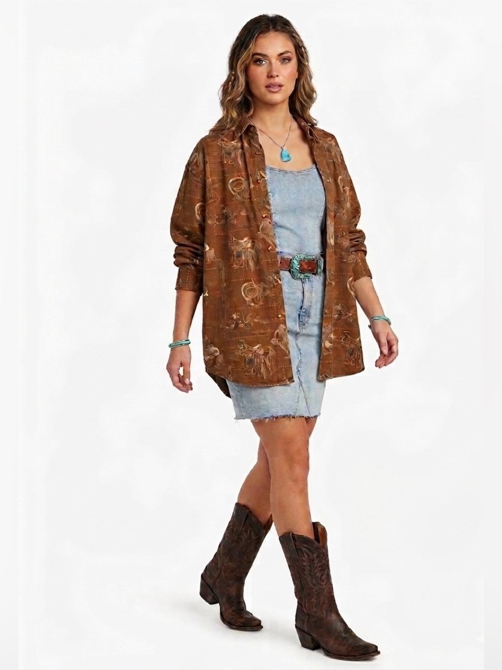 Bit & Bridle Outfitters Vintage Cotton Western Brown Graphic Button Down Top L